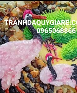Tranh đá quý tùng hạc phú quý trường xuân được mài từ đá thạch anh hồng cao cấp